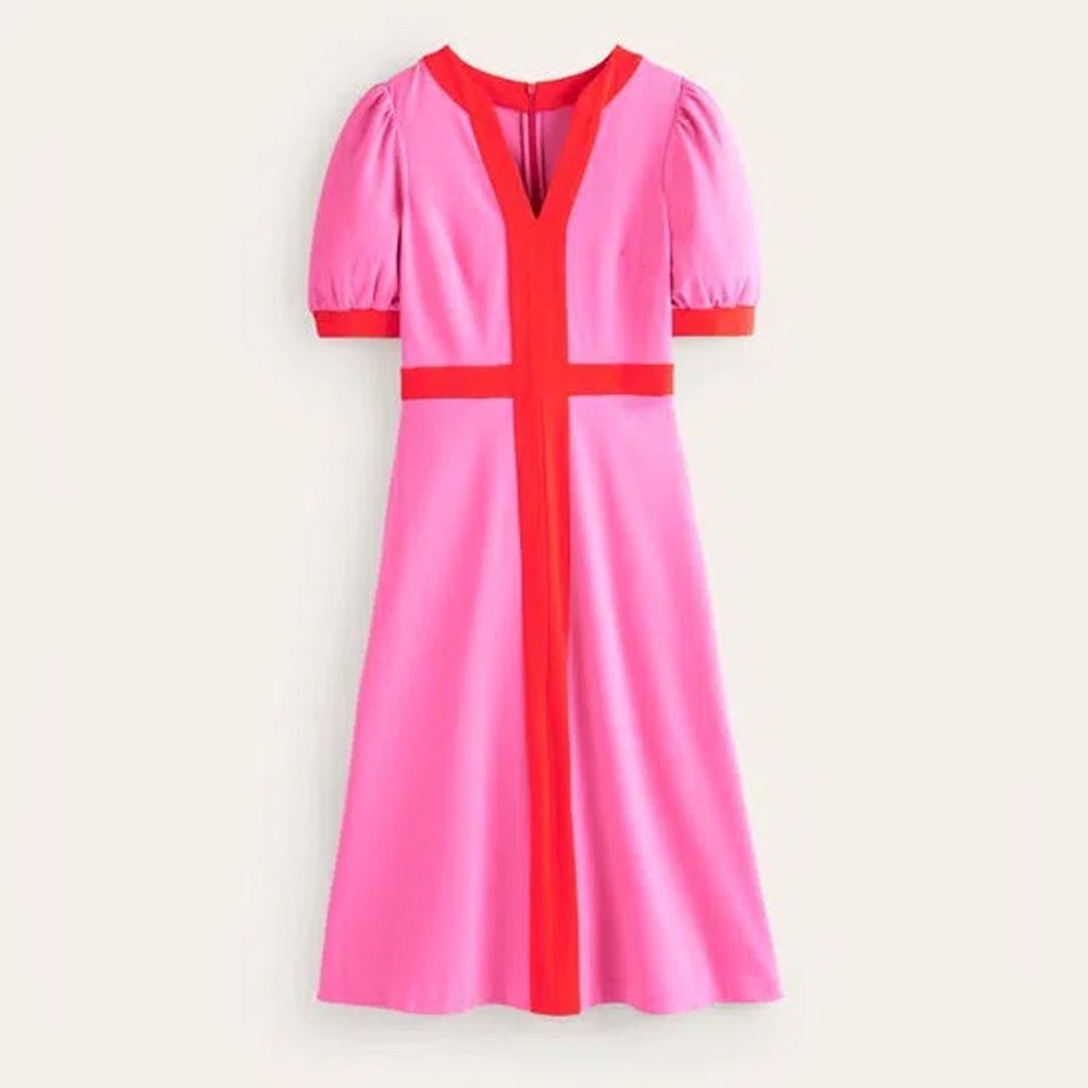 BODEN Petra Puff Sleeve Ponte Midi Dress Sangria Sunset Pink & Red Colorblock